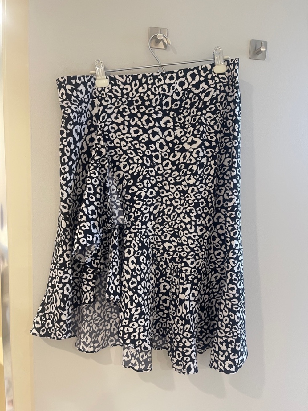 Black and White Leopard Print Ruffled Midi Skirt